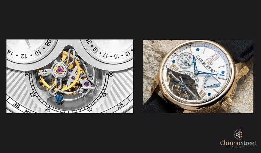 Close-up flying tourbillon mechanism and Greubel Forsey double tourbillon watch