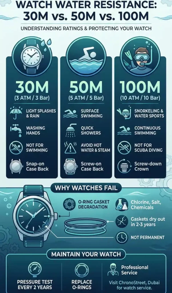 Watch Water Resistance 30M vs 50M vs 100M infographic